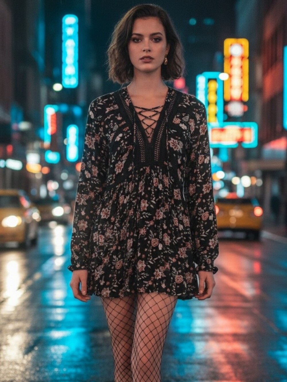 Black Floral Lace-Up Mini DRESS